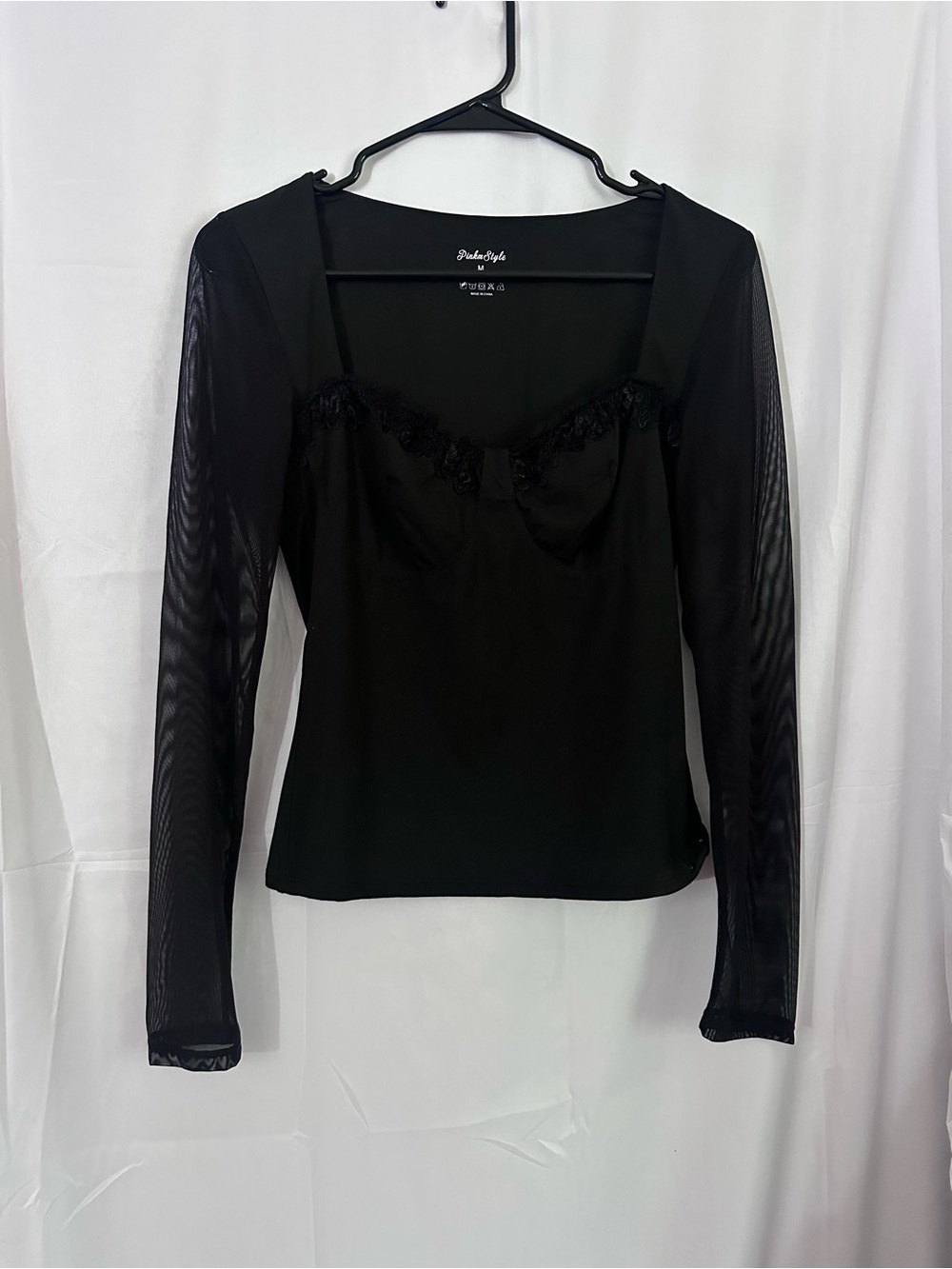 Black Long Sleeve Mesh Lace-Trim Sweetheart Top